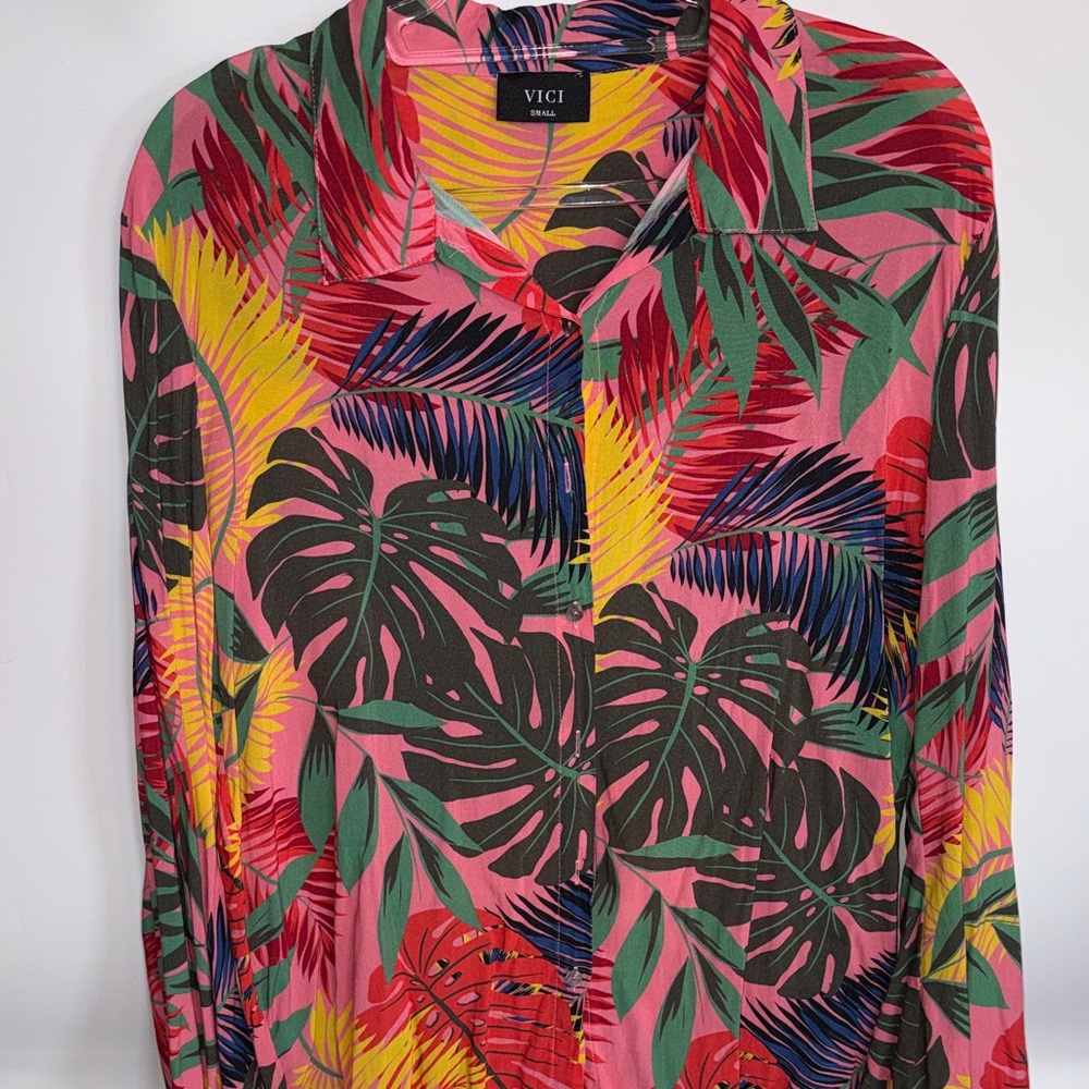 Vici Women’s Shirt - Pink with Tropical Leaf Print